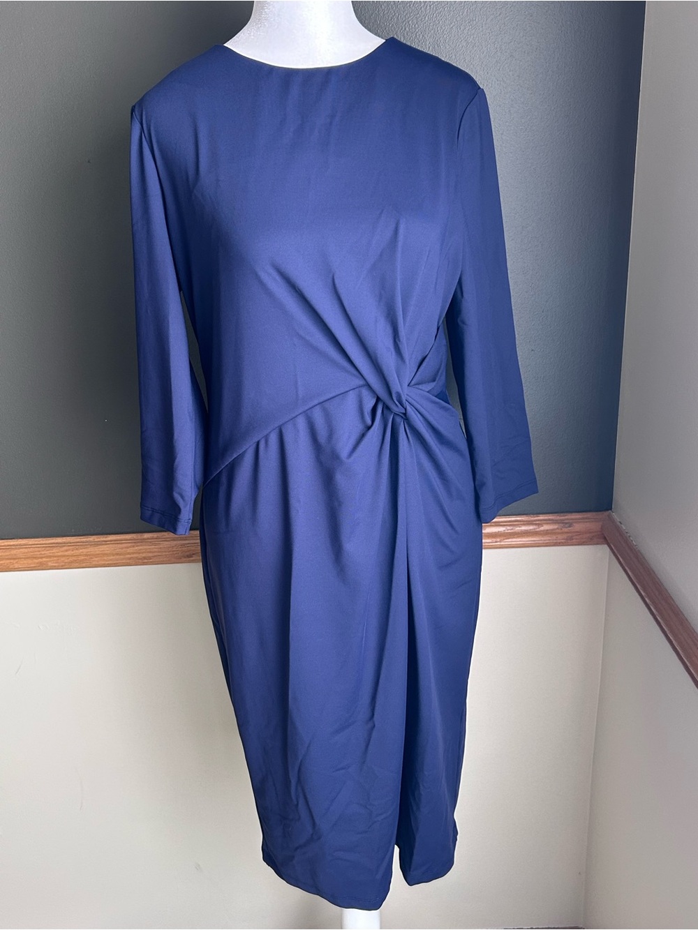 J. McLaughlin 3/4 Sleeve Twist Knot Faux Wrap Dress Navy Blue Stretch Size Small